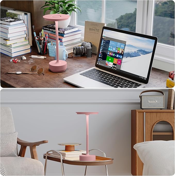 TBBGA 2 Pack Rechargeable Cordless Table Lamps, Portable 5000mAh Outdoor Table Light, 3 Color Stepless Dimming LED Table Lamp with Memory Function, for Home/Dinner/Patio/Restaurant.(Pink)