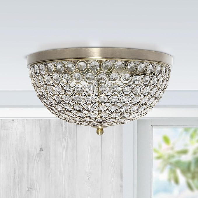 Elegant Designs FM1000-ABS Elipse Crystal 13 Inch Modern Metal 2 Light Bowl Shaped Ceiling Flush Mount Fixture, Antique Brass