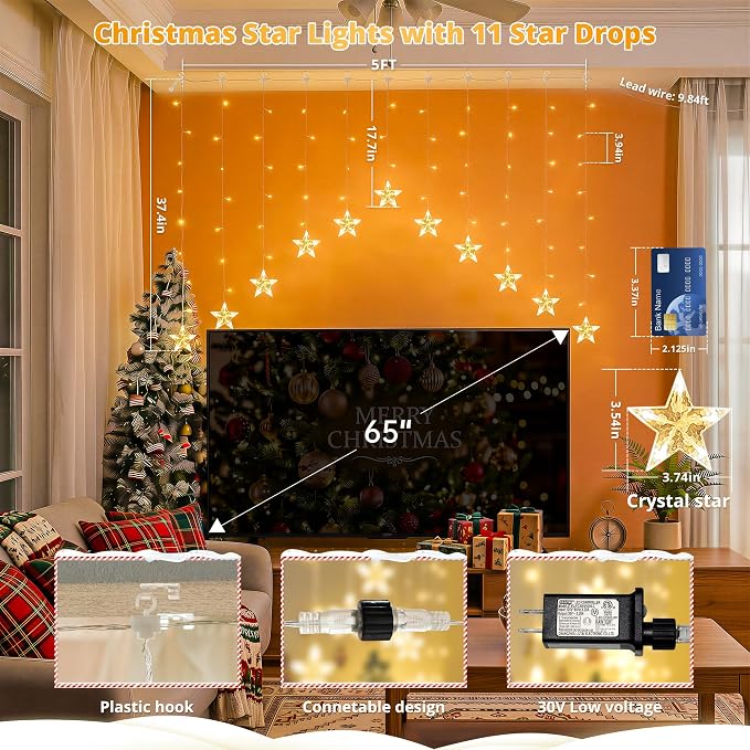 woohaha 118LED Star Icicle Lights,Window Curtain Light Plug in,8 Modes Timer Hanging String Lights,Connectable Warm White Star Lights for Bedroom Indoor Party Wedding Ramadan Christmas Decorations
