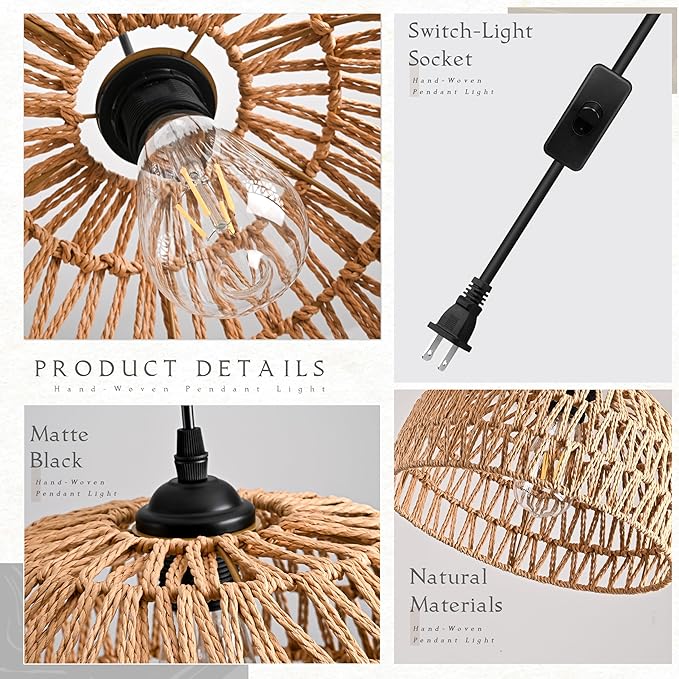 Brown Rattan Light Fixture 15ft Plug In Pendant Light Woven Pendant Light Boho Chandelier Wicker Pendant Light Boho Pendant Light Plug In for Dining Room Kitchen Island Bedroom(Bulb Incl.)