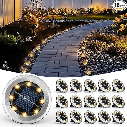 PATIOWIN Mini Solar Ground Lights, 16 Pack Solar Powered Pathway Lights, Waterproof Outdoor Light for Garden, Driveway, Walkway, Backyard, Patio (Warm White)
