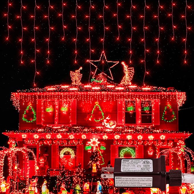 Christmas Icicle Lights Outdoor,300LED 33FT Christmas String Lights,Connectable Valentine's Day Lights with 30V Plug in for Valentine Wedding Party Eave Garden Wall Indoor Decor, Red