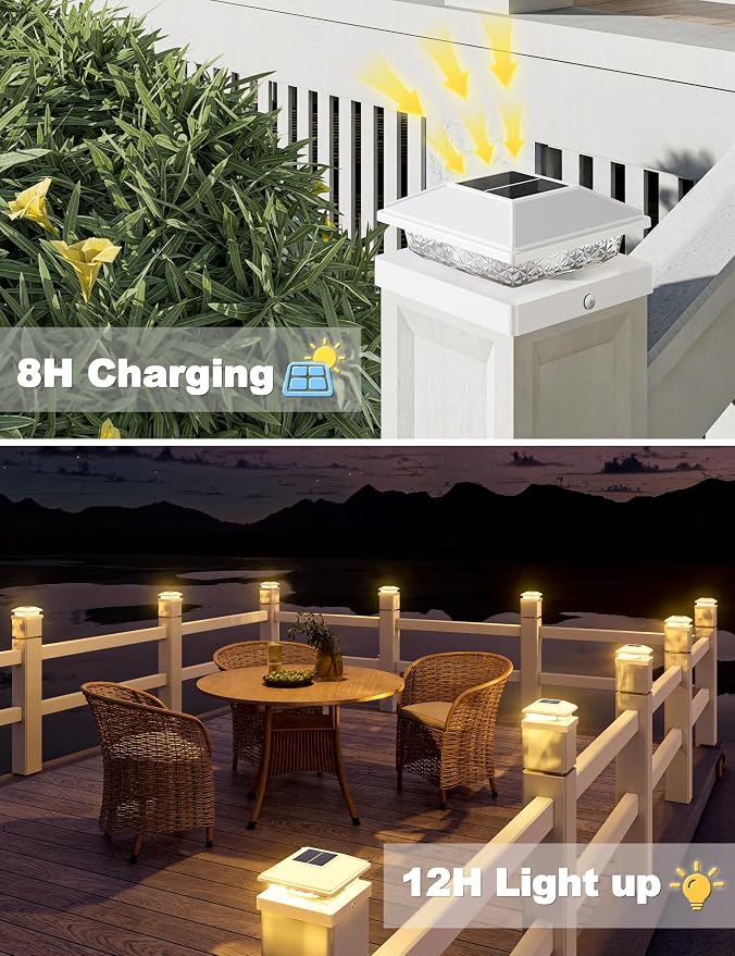 VOLISUN 4x4 Solar Fence - Post Lights 12pack, Post Cap Light Outdoor Waterproof, Whtie Deck Cap Light Solar Powered with Warm White,for 4x4 Wooden/4x4 or 5x5 Vinyl