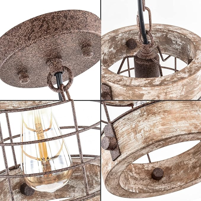 Retro Industrial Metal and Wood Chandelier 1-Light Round Cage Pendant Light Fixture for Kitchen Island Foyer Hallway Bar Dining Room Restaurant, D 7.8" x H 8.58" (White Brown)