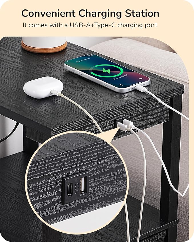 EDISHINE Floor Lamp with Table, USB-A+Type-C Port, Dimmable Bedside Floor Lamp with Shelves, Farmhouse Remote Nightstand Light for Living Room, Bedroom, Den, Office, Kids Room, Bulb Included, Black