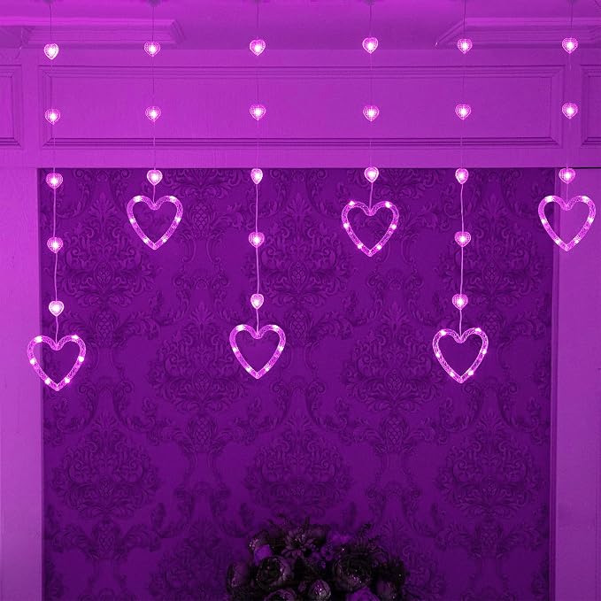 YOLIGHT Heart Curtain Lights, 9.8ft Valentine's Day Window Lights, USB Plug LED Hearts String Lights, Light up Heart Hanging Lights for Valentines Mother's Day Room Decoration (Purple)