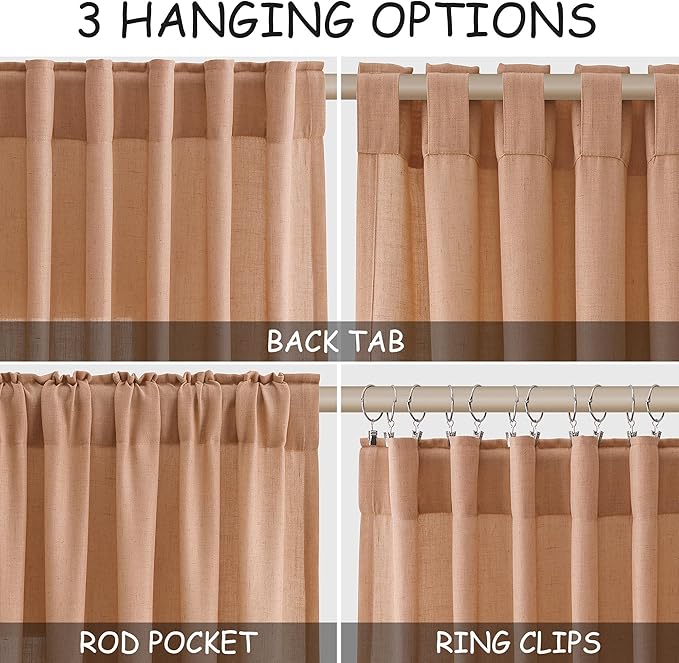 Nanspring Peach Quartz Linen Curtains 108 Inch Length 2 Panel Set Back Tab Loop Pocket Light Filtering Semi Sheer Boho Style Extra Long Drapes for High Ceiling Living Room 52x108