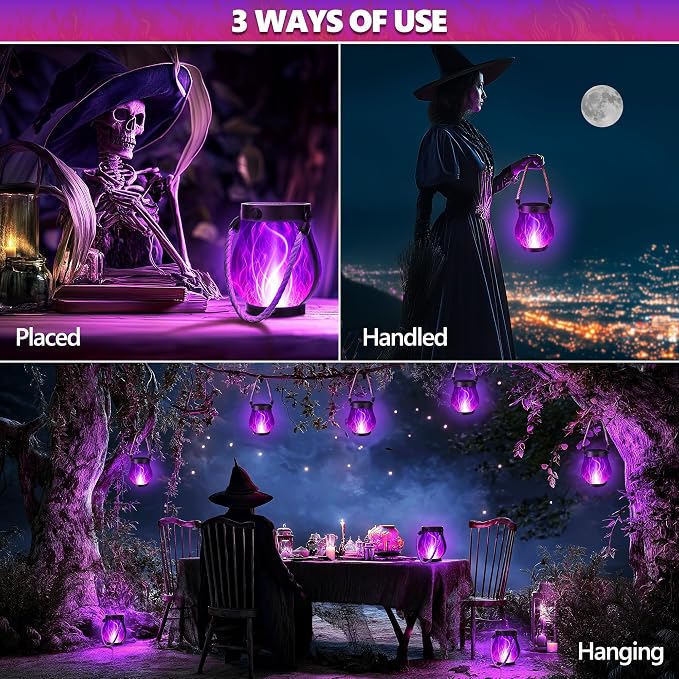 iBaycon 2 Pack Gen2 Solar Lantern Lights USB Halloween Flame Lamp, Purple | Solar Garden Lights with Dual Charging USB & Solar, 2 Modes Outdoor Waterproof Hanging Lantern for Home Halloween Decor