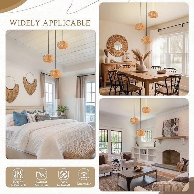 12" Boho Natural 3-Light Boho Chandeliers for Kitchen Island Hand-Woven Boho Rattan Chandeliers Dimmable Adjustable Hanging Chandelier for Dining Room Living Room Hallyway（Bulb Incl.