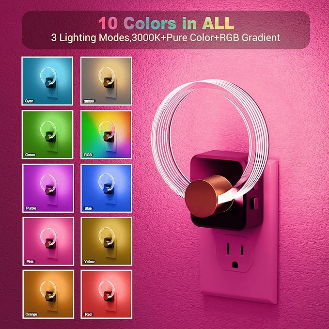 JandCase Night Light, Color Changing Night Lights Plug into Wall, RGB Nightlight with Light Sensor, 180° Rotatable Plug in Nightlights, Dimmable Ring Acrylic Night Light for Kids Gifts Hallway, 1 Pack