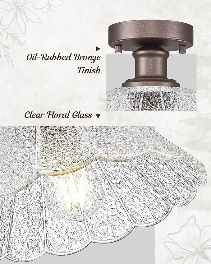 Farmhouse Flush Mount Ceiling Light, HWH 1-Light Semi Flush Mount Ceiling Lights with Clear Floral Glass, 10 Inch Ceiling Light Fixtures, Oil-Rubbed Bronze Finish, 5HJX110F ORB