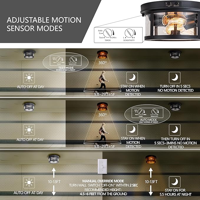 Flush Mount Outdoor Ceiling Light with Motion Sensor, Front Porch Light Ceiling Mount, Adjustable Sensor 2-Light Black Ceiling Light Fixture with Clear Glass, for Patio, House