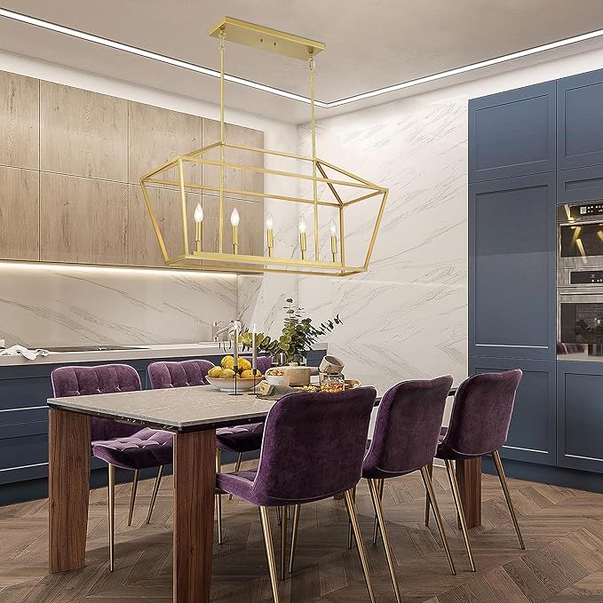 Untrammelife 5-Light Kitchen Island Pendant Lighting Gold Lantern Pendant Linear Chandelier Modern Rectangle Light Fixtures with Adjustable Rod for Dining Table Kitchen