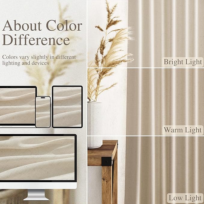 Nanspring Living Room Curtains 72 Inch Length Linen Birch Beige Luxury Light Filtering Semi Sheer Curtain Back Tab Modern Farmhouse Decor Elegant Coastal Drapes for Bedroom Office 52x72, 2 Panels
