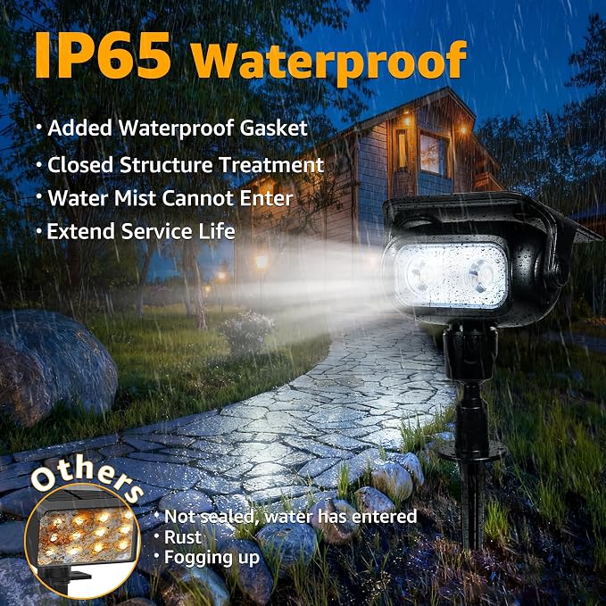 Ollny Solar Lights Outdoor Waterproof IP65, 360° Rotation Solar Spot Lights Outdoor, Long Last 2 Lighting Modes Solar Powered Garden Yard Spot Solar Lights for Outside Landscape 2 Pack (Cool White)