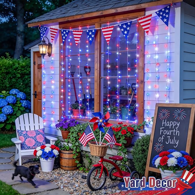 JMEXSUSS 200 LED Red White and Blue Curtain Lights, 6.5ft x 6.5ft 4th of July Lights USB Plug in, 8 Modes Patriotic Hanging Curtain String Lights with Remote for Memorial Day Independence Day Decor