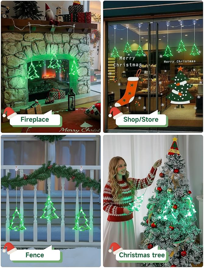 Christmas Window Lights,3 Pack 30LED Green Christmas Tree Light Battery Powered,Timer Memory Hanging Silhouette Xmas Twinkle Light 8 Mode for Wall,Bedroom,Indoor Outdoor Christmas Decoration
