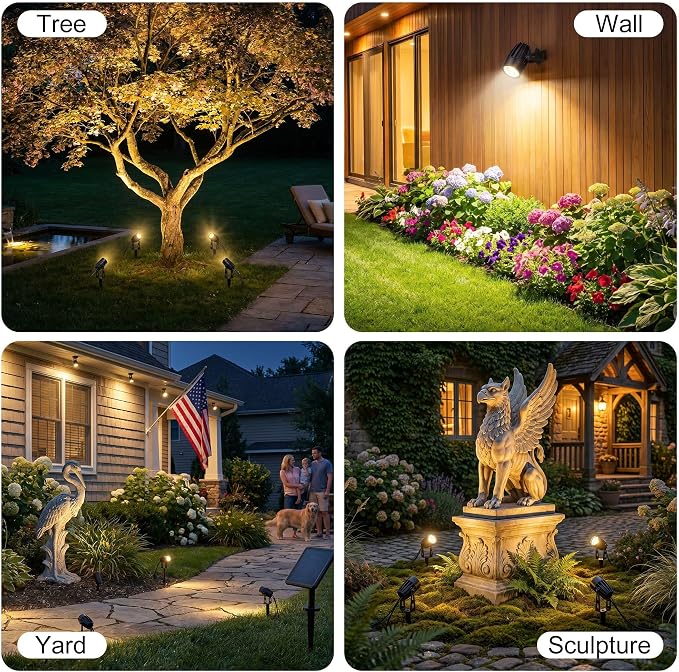 pearlstar Solar Spot Lights Outdoor Palm Tree Uplights 4pack 2-in-1 Stake&Wall Mounted Landscape Spotlights IP65 Waterproof for Flag Pool Yard Garden Pathway, Dusk to Dawn Auto Warm White Light