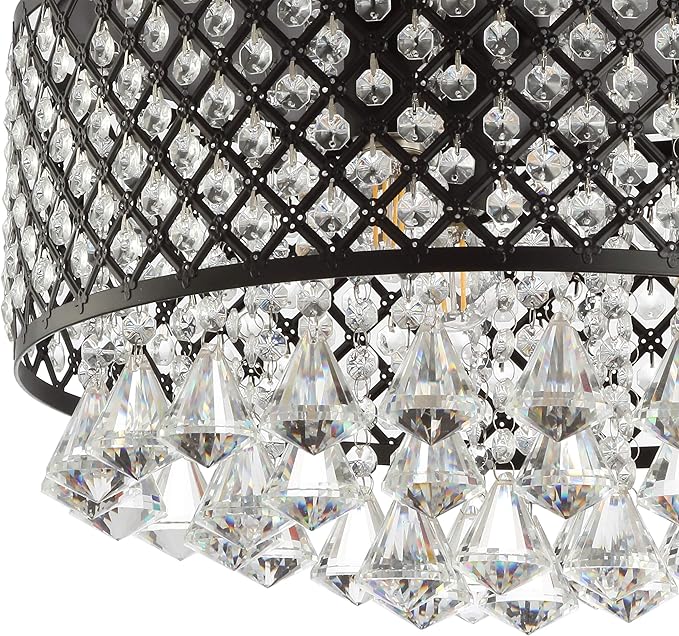 JONATHAN Y 17" Black LED Flush Mount Ceiling Light, 3-Light Modern Glam Chandelier for Bedroom Living Room Hallway, Dimmable Metal Trellis with Clear Crystal Drops JYL6143A