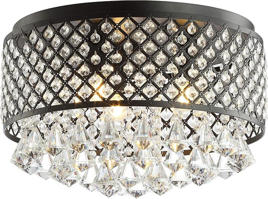 JONATHAN Y 17" Black LED Flush Mount Ceiling Light, 3-Light Modern Glam Chandelier for Bedroom Living Room Hallway, Dimmable Metal Trellis with Clear Crystal Drops JYL6143A
