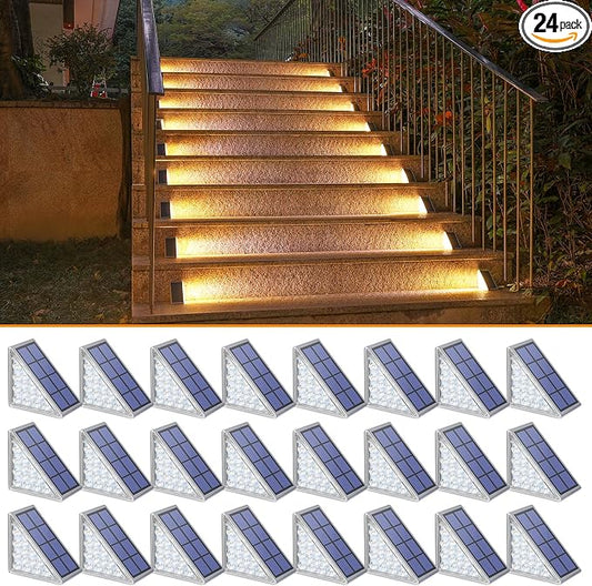 NIORSUN Outdoor Step Light,24 Pack Warm White Solar Stair Lights Outdoor Waterproof IP67 Auto On Off,Solar Lights for Steps,Stair,Patio,Yard,Porch,Front Door,Sidewalk,Deck Decor