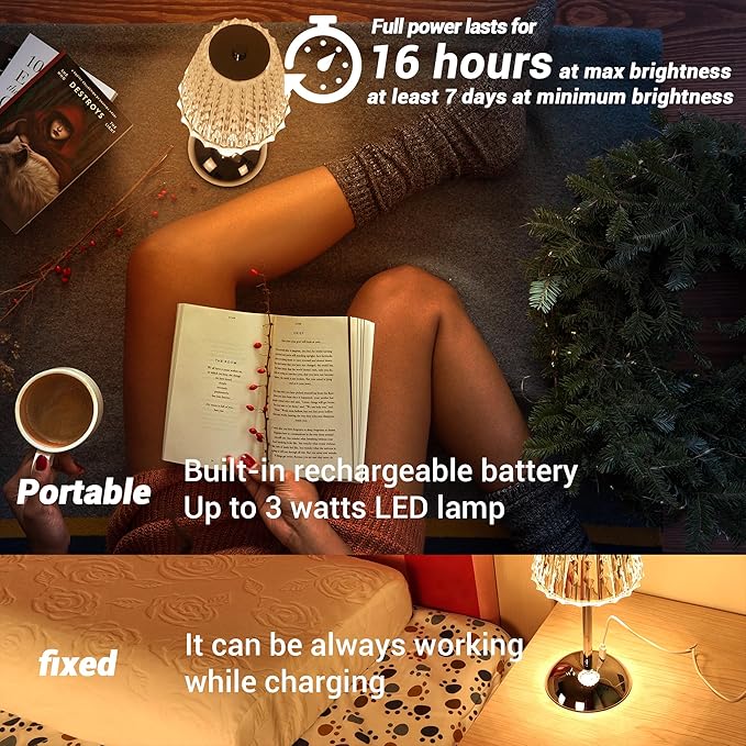 Cordless Table Lamp, 4000mAh Rechargeable Battery Operated Lamp, 3 Color Modes & Stepless Dimmable LED Touch Lamp, Portable Crystal Metal Beside Lamps for Bedroom Restaurant(Silver Chrome)