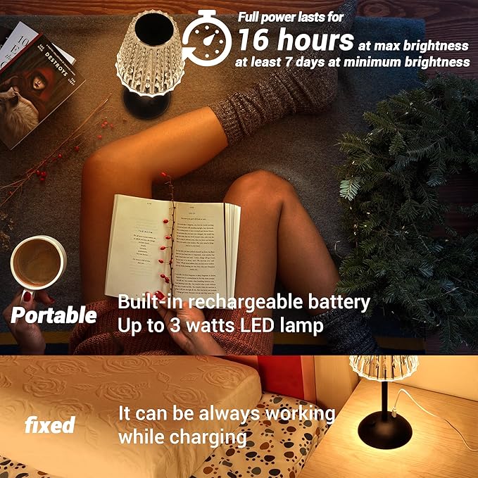 Cordless Table Lamp, 4000mAh Rechargeable Battery Operated Lamp, 3 Color Modes & Stepless Dimmable LED Touch Lamp, Portable Crystal Metal Beside Lamps for Bedroom Restaurant Outdoor(Black)