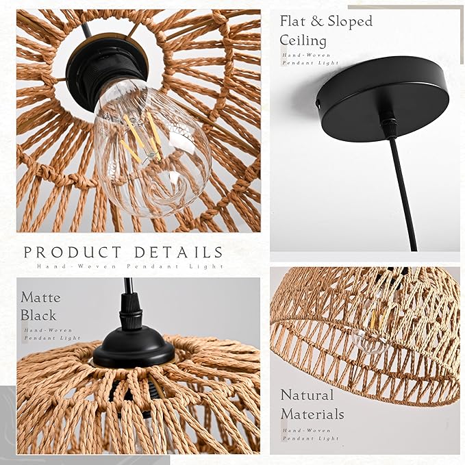 2 Pack Hemp Rope Woven Pendant Light Woven Light Fixture Boho Chandelier Light Fixture Wicker Pendant Lights Rattan Dome Wicker Chandelier for Dining Room Kitchen Island (Bulb Incl.