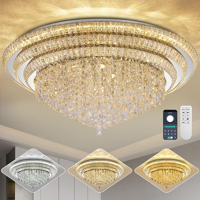 40 inch Crystal Silver Ceiling-Light Flush Mount With Remote Control and APP, 3CCT Dimmable & Brightness Adjustable, Modern Crystal Raindrop Chandeliers for Bedroom Hallway Dinning Room Living Room