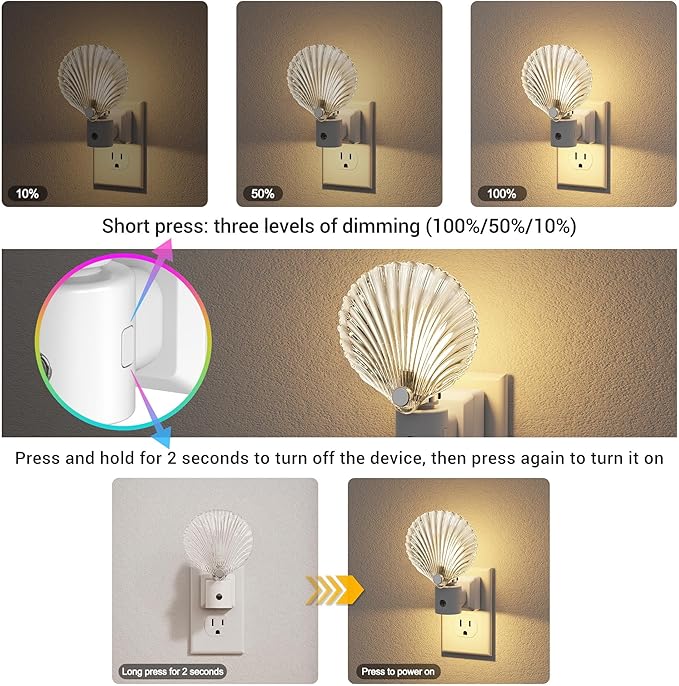 JandCase Night Light, Night Lights Plug into Wall, 2 Pack Dusk to Dawn Sensor Seashell Nightlights, 3000K Soft White Brightness Adjustable Nightlight for Kids Bedroom Hallway Kitchen