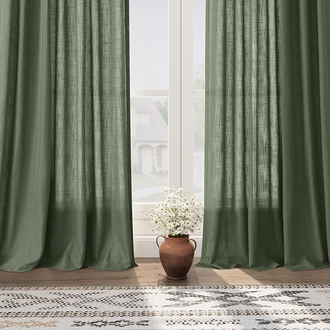 Extended Curtain Olive Green Linen Sheer Curtains for Living Room 2 Panels Set 114 Inch Length Back Tab Light Filtering & Breathability Semi Sheer Curtain Drapes for Bedroom Living Room 52x114