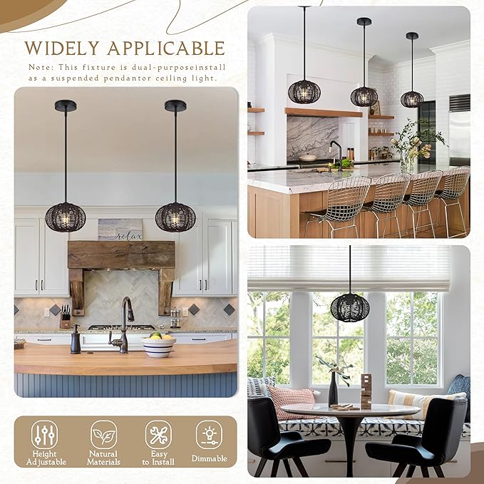 Black Mini Rattan Pendant Light Rattan Light Fixture Wicker Chandelier Woven Pendant Light Boho Chandelier for Bedroom Kitchen Island