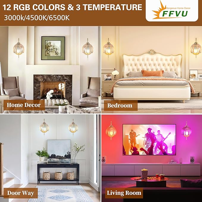 Vintage Battery Wall Sconce with Flower lampshade,Rechargeable Battery Powered Wall Lights,Wall lamp with 15 Colors for Bedroom Living Room Home Decor (Amber Tulip, 2 Light Battery Operated)