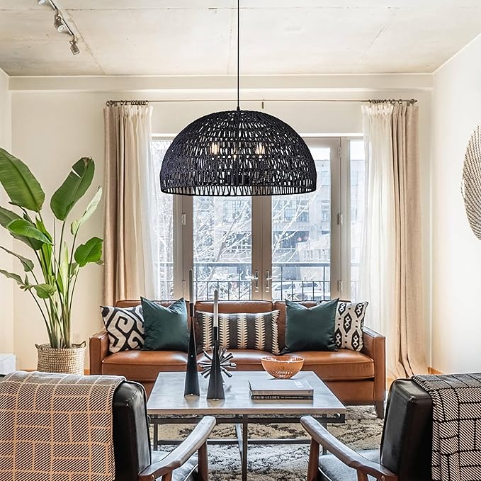 24" Black Woven Pendant Light Boho Chandelier Dome Rustic Farmhouse Chandelier Wicker Pendant Light Rattan Light Fixture for Dining Room Living Room Bedroom Kitchen Island Foyer(Bulb Incl)