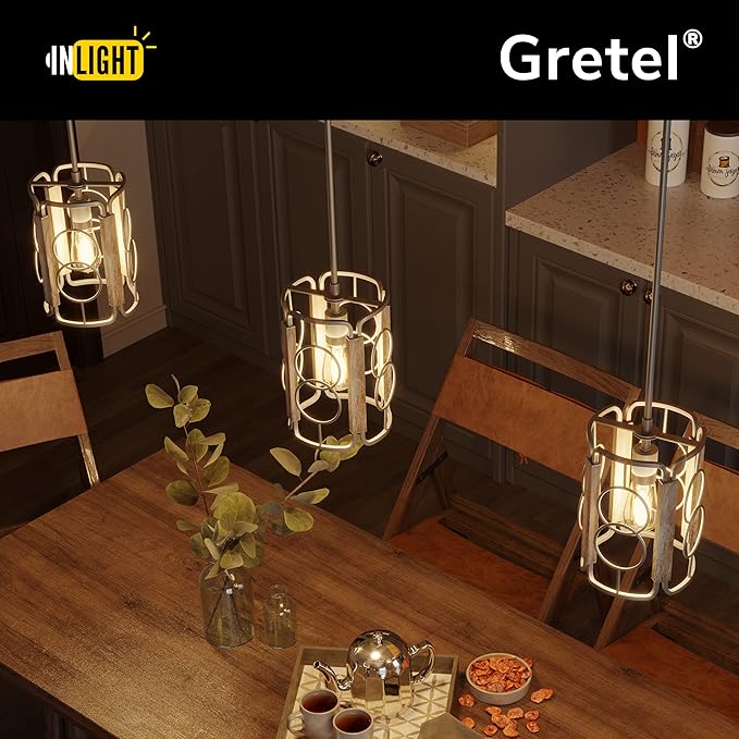 Inlight 8" Modern Farmhouse 1-Light Pendant for Kitchen Island, Open Cage Design, Rustic Distressed Wood and Brushed Silver Gray Finish, IN-0336-1-WD