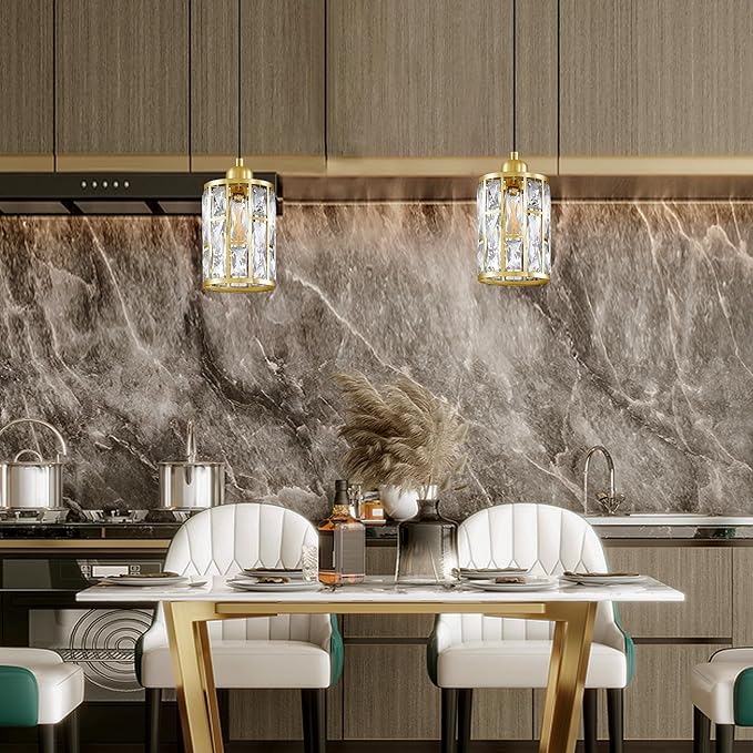 2 Pack 1 Light 5.4" Crystal Shade Hanging Kitchen Island Pendant Light Gold Finish,Modern Pendant Fixture with Crystal Metal Shade for Bar,Dining Room,Living Room Over Sink