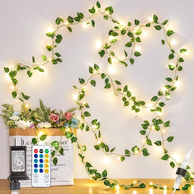 Vine with Fairy Lights,23FT 73LED Ivy Leaves String Lights Plug in,Twinkle Fake Pothos Garland Lights Indoor Outdoor for Bedroom,Dorm,Ceiling,Spring,Wedding,Birthday,Wall Decor(Warm White)