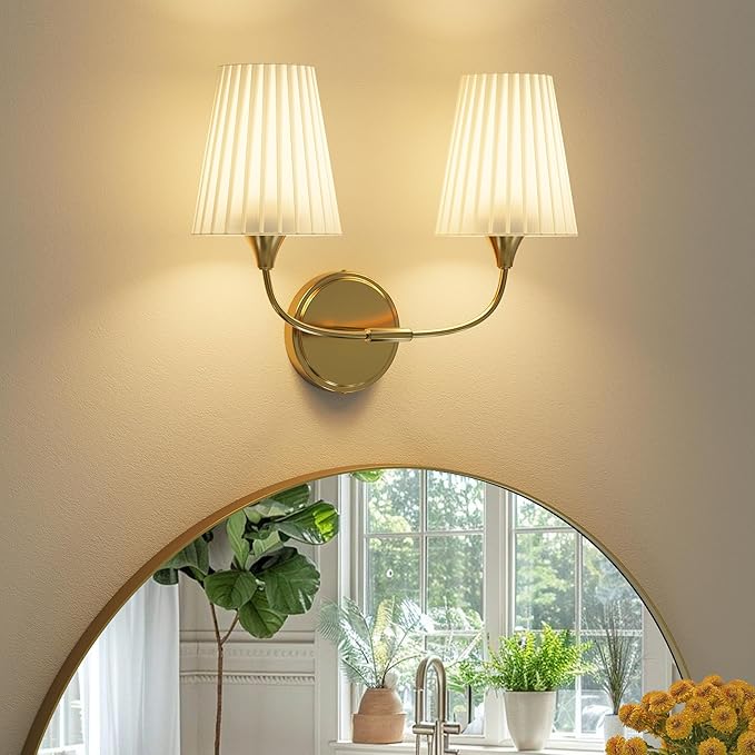 Bathroom Vanity Light with Fabric Shade, 2-Light Bathroom Vanity Light Over Mirror, Modern Light Fixtures for E26 Bulb, Flared Wall Lights for Bedroom, Hallway, Entryway, Powder Room (Gold)
