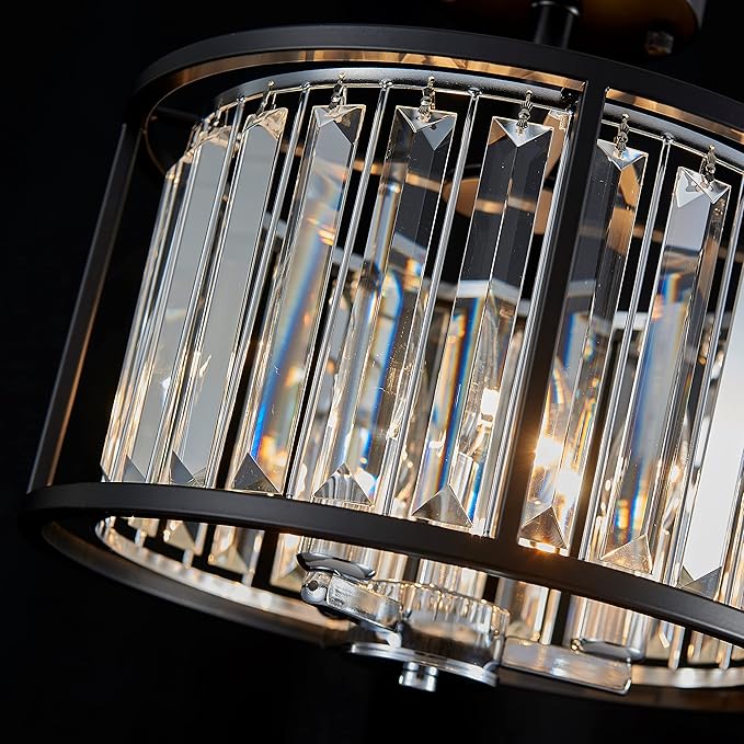 AGV LIGHTING CL005BB K9 Crystal Semi Flush Mount Ceiling Light Fixture, Modern Design, E12 Base 3-Lights, D13 x H15, Chrome & Matte Black Finish Metal Frame