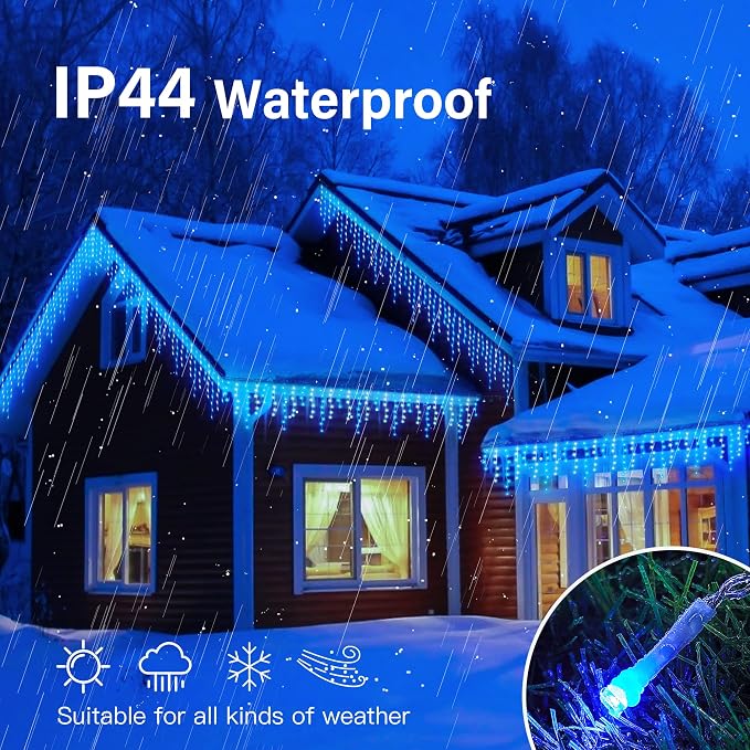 Hopolon 33FT 360 LED Blue White Christmas Icicle Lights,Waterproof Plug in | Outdoor icicle curtain lights with 60 drops, 8 modes, for Christmas, wedding, party, bedroom, garden, wall decor