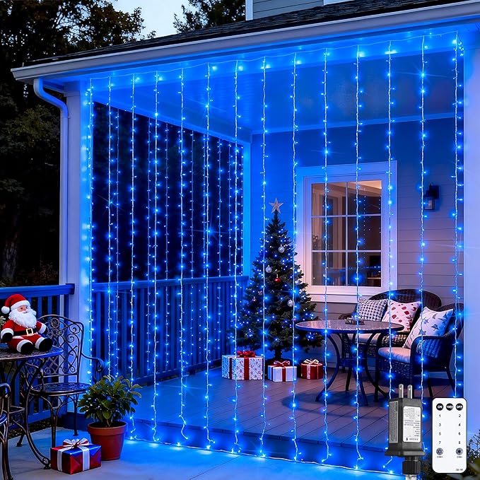 JMEXSUSS 300LED Blue Curtain Lights, Christmas Lights with Remote, Hanging String Lights for Bedroom Wall Window Backdrop Garden Indoor Outdoor Patio Yard Decorations, 9.8x9.8ft