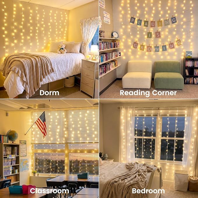HEYFUNi 6.6ft x 6.6ft Warm White Curtain Lights Plug in - 200 LED Window String Lights with Remote, 8 Modes, Timer & Memory, Connectable Fairy Lights for Bedroom Wall Wedding Dorm Decor, Warm White
