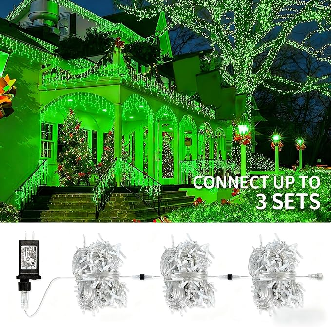 33FT 300 LED Icicle Christmas Lights,Waterproof 8 Modes Plug in Curtain Lights with 50 Drops,Green Christmas String Lights for Indoor&Outdoor,Wedding,Party,Bedroom,Home,Wall Decorations