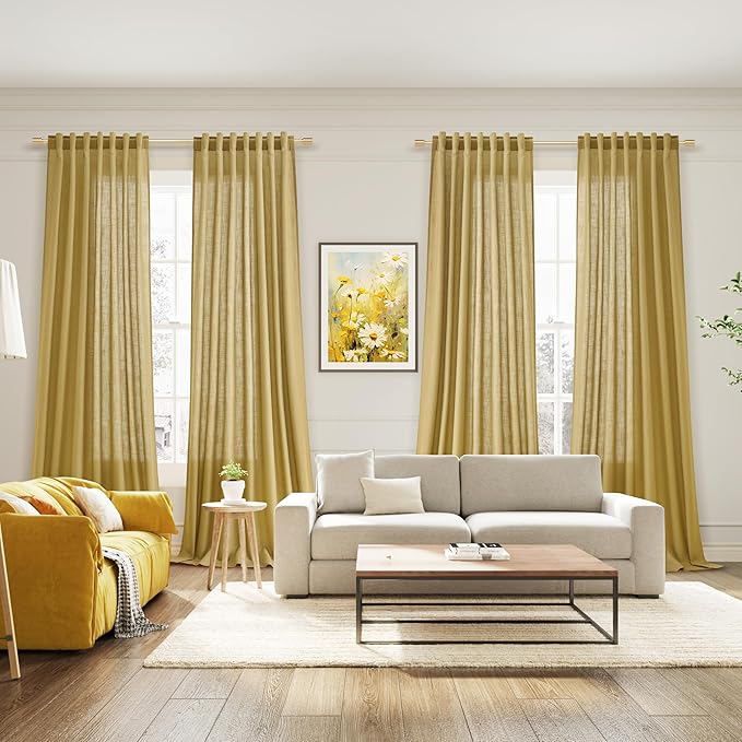 Gold Linen Curtains 90 Inch Long 2 Panels Set for Bedroom Living Room Linen Textured Window Drapes Semi Sheer Light Filtering Rod Pocket Back Tab Cotton Textured Farmhouse Curtain 52x90