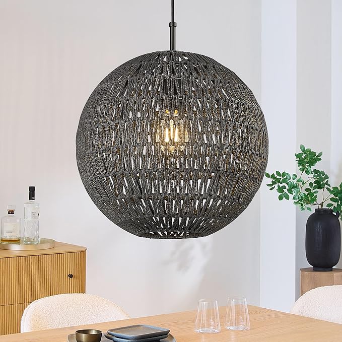 ELYONA Modern Woven Chandelier, 14" Large Boho Rattan Pendant Light Fixtures, Adjustable Globe Wicker Hanging Light for Dining Room Living Room Kitchen Island Farmhouse Foyer Bedroom Hallway, Black