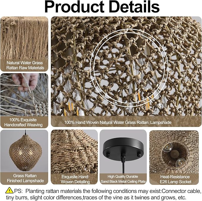 17.72" Rattan Pendant Light,Boho Hand Woven Seagrass Hanging Light Natural Grass Rattan Chandelier for Dining Living Bedroom Kitchen Island