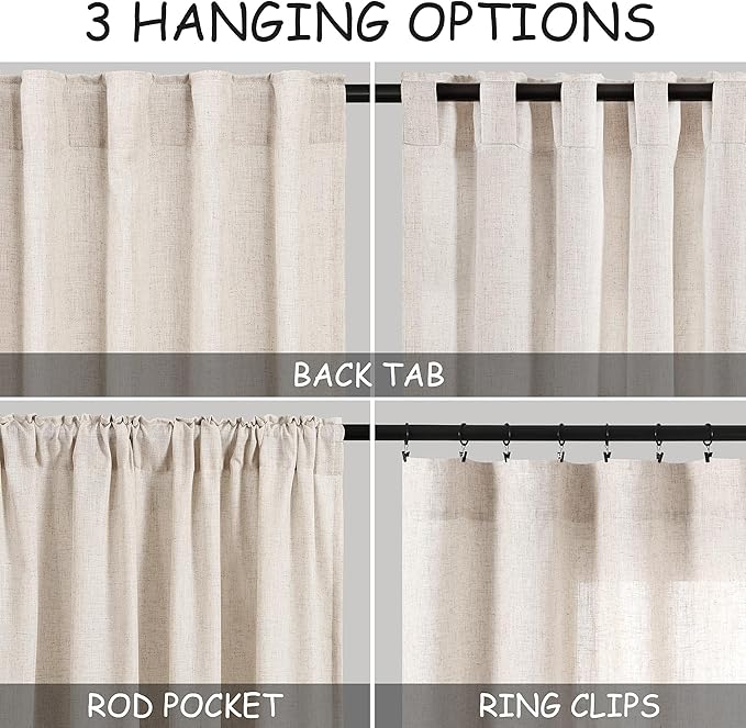 Sheer Beige Linen Back Tab Curtains 70 Inches Long 2 Panels Set Boho Light Filtering Curtain for Bedroom Living Room Neutral Window Drapes with Rod Pocket for Farmhouse Privacy Home Decor W52xL70