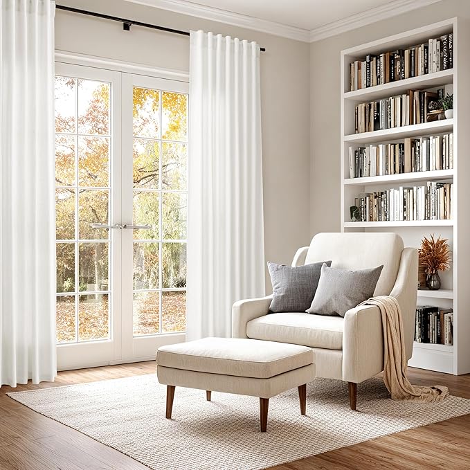 Nanspring Beige White 102 Inch Linen Curtains for Living Room Back Tab Rod Pocket Privacy Semi Sheer Light Filtering Curtains Coastal Decor Soft Long Curtain for Bedroom, 2 Panels 60x102