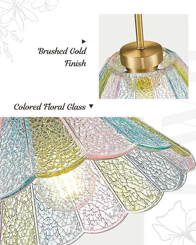 Gold Pendant Light, HWH 10.4-inch Hanging Light Fixture for Living Room, Dining Room, Bedroom, Pendant Lights Kitchen Island with Colored Floral Glass, Gold Finish, 5HJX110MIL BG-C