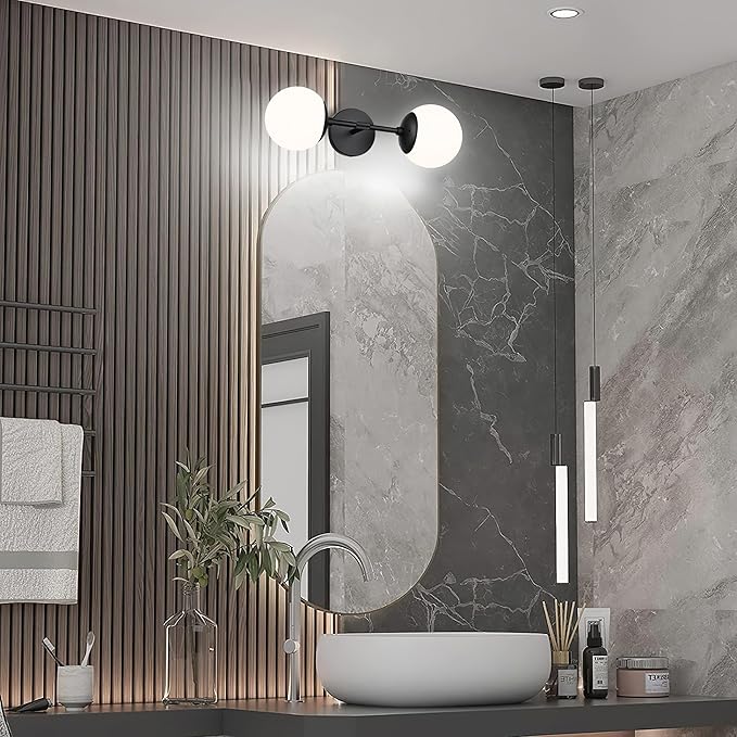 KoKo&Yukina Mid Century Modern Bathroom Matte Black Bathroom Vanity Light Fixtures Globe Sconce 2 Light Vanity Light Milky White Vanity Light Mid Century Wall Sconce